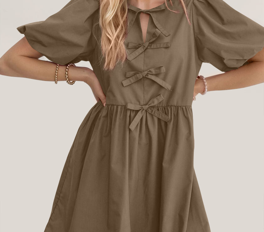Oh Bow Ruched Puff Sleeve Mini Dress