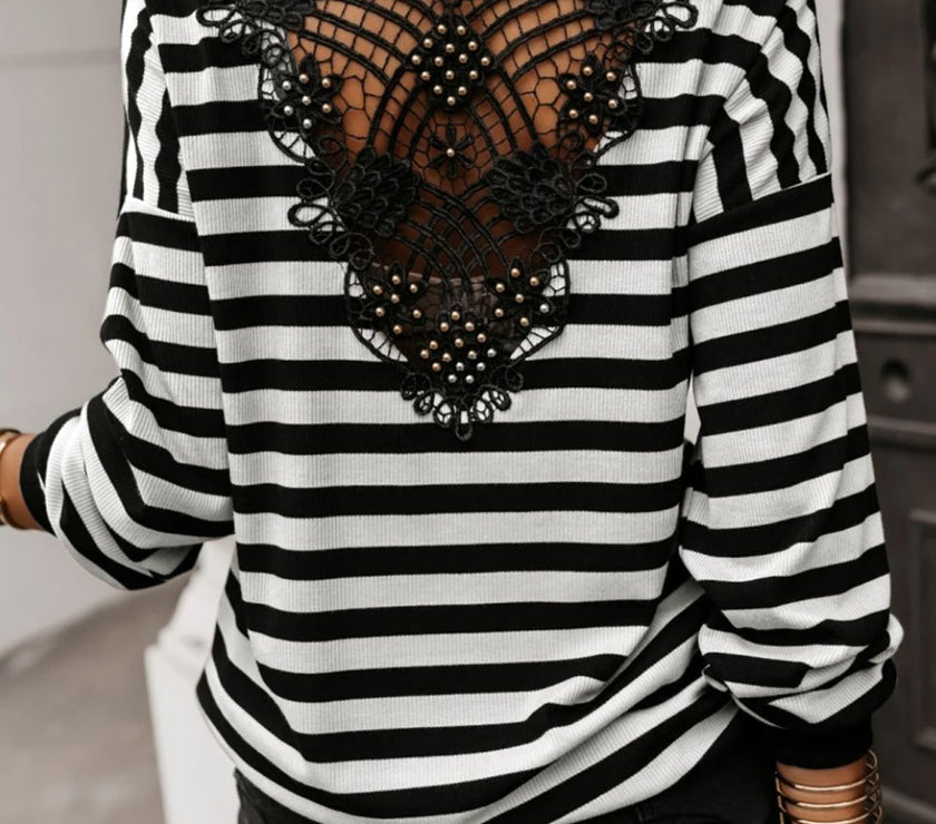 Striped Lace Detail V Neck Top