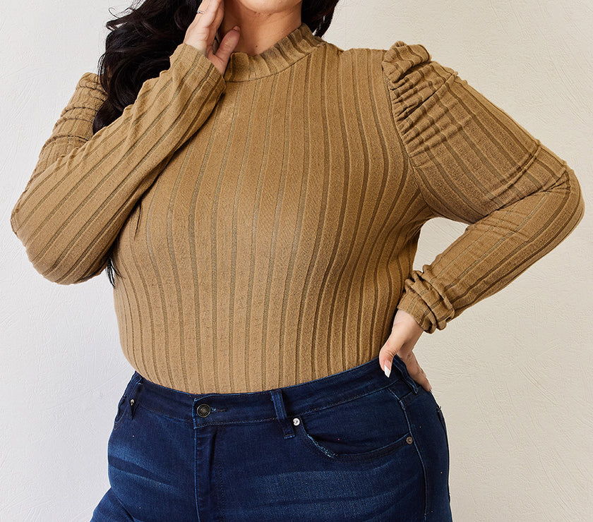 Basic Bae Full Size Ribbed Mock Neck Puff Sleeve T-Shirt