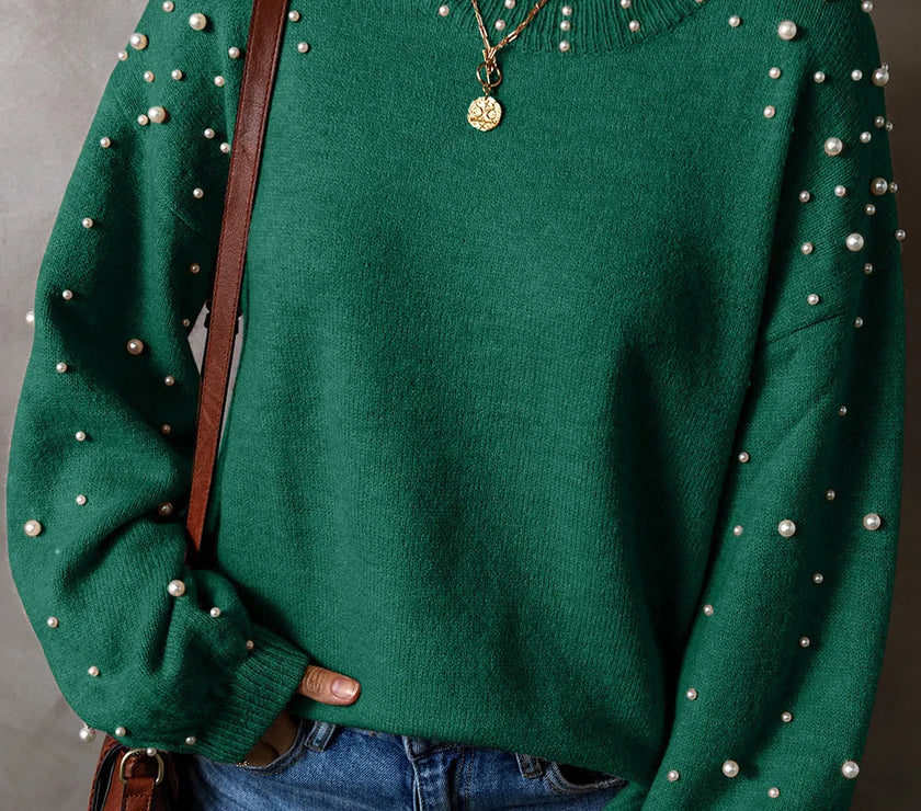 Pearl Detail Round Neck Long Sleeve Sweater