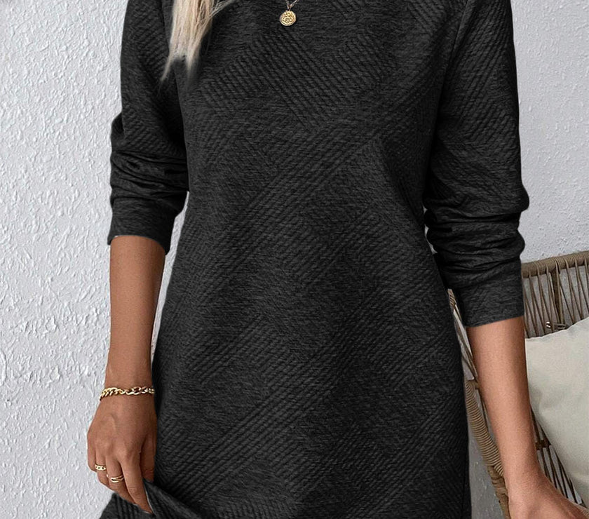 Textured Round Neck Long Sleeve Mini Dress