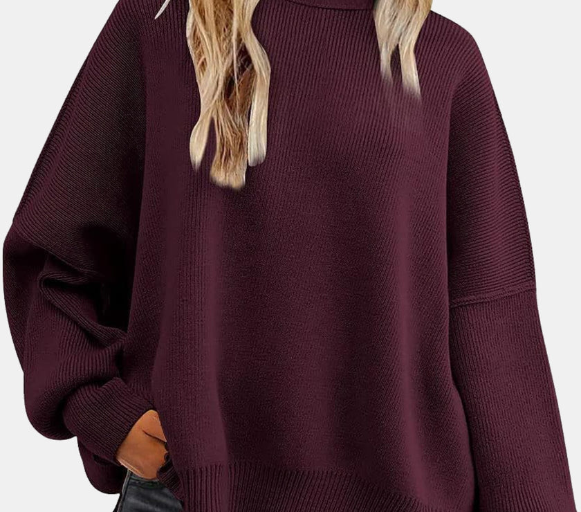 Round Neck Drop Shoulder Slit Sweater