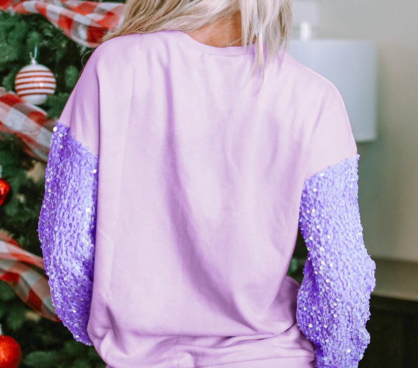 Orchid Petal Sequin Patchwork Long Sleeve Pullover Top