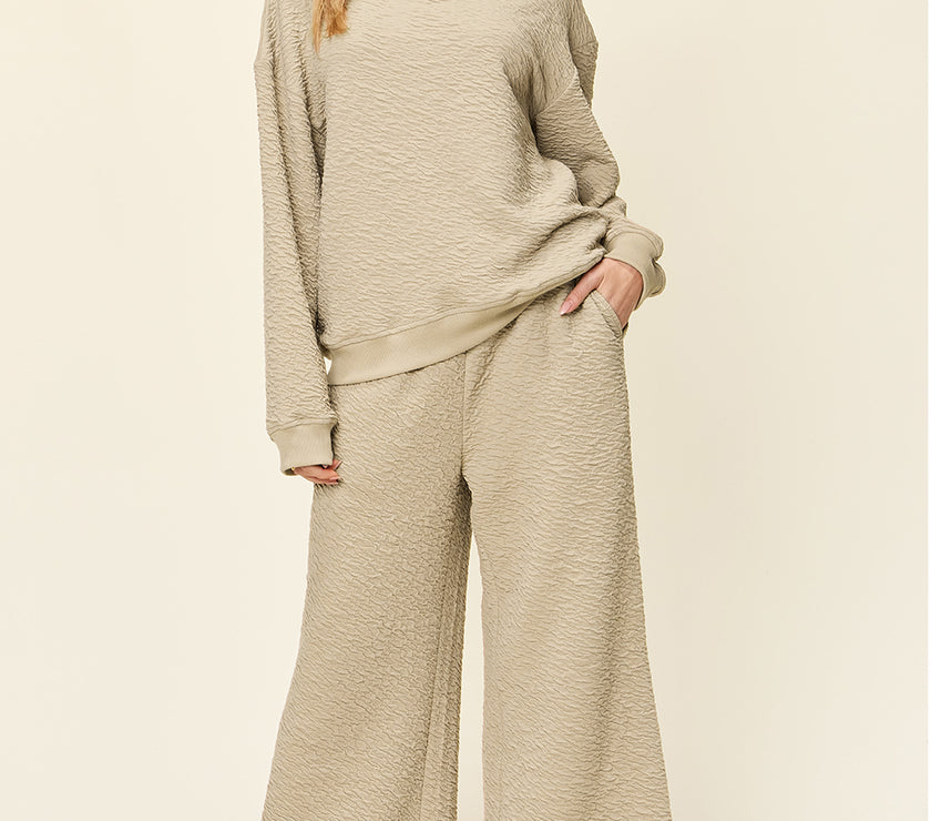 Double Take Full Size Texture Long Sleeve Top and Pants Set