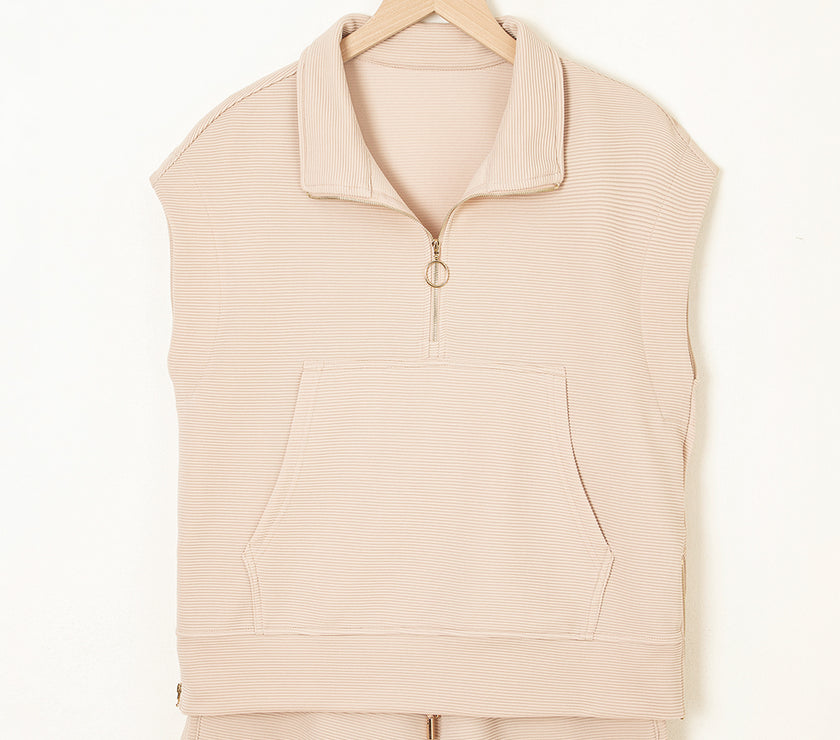 Parchment Textured Half Zip Kangaroo Pocket Top Drawstring Shorts Set