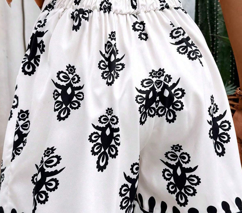 Black Tribal Geometric Print Belted High Waist Casual Shorts