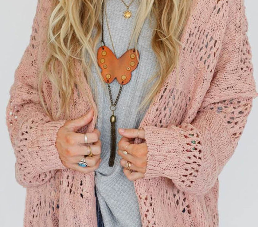 Openwork Open Front Long Sleeve Cardigan