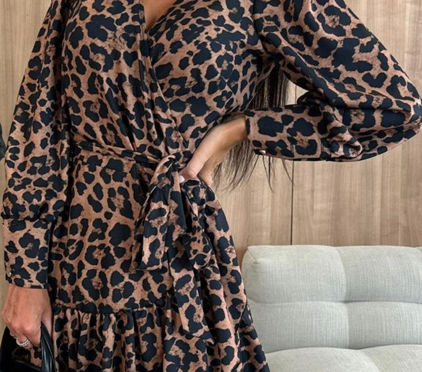 Tied Leopard Surplice Long Sleeve Dress