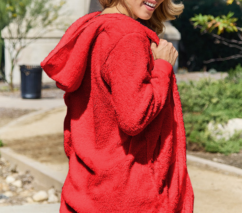 Double Take Full Size Hooded Teddy Bear Jacket with Thumbholes