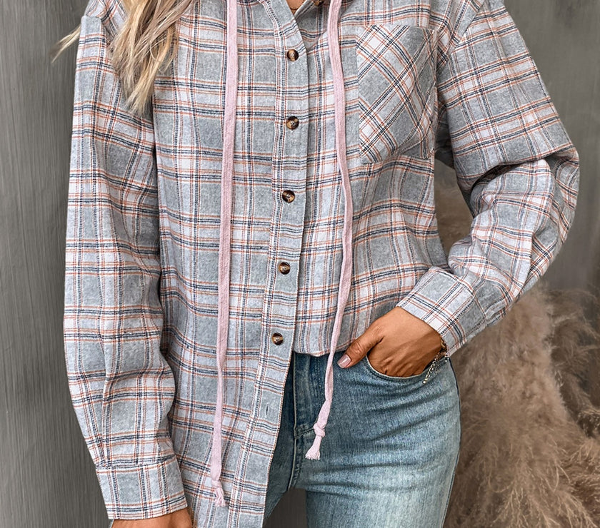 Plaid Long Sleeve Hooded Jacket