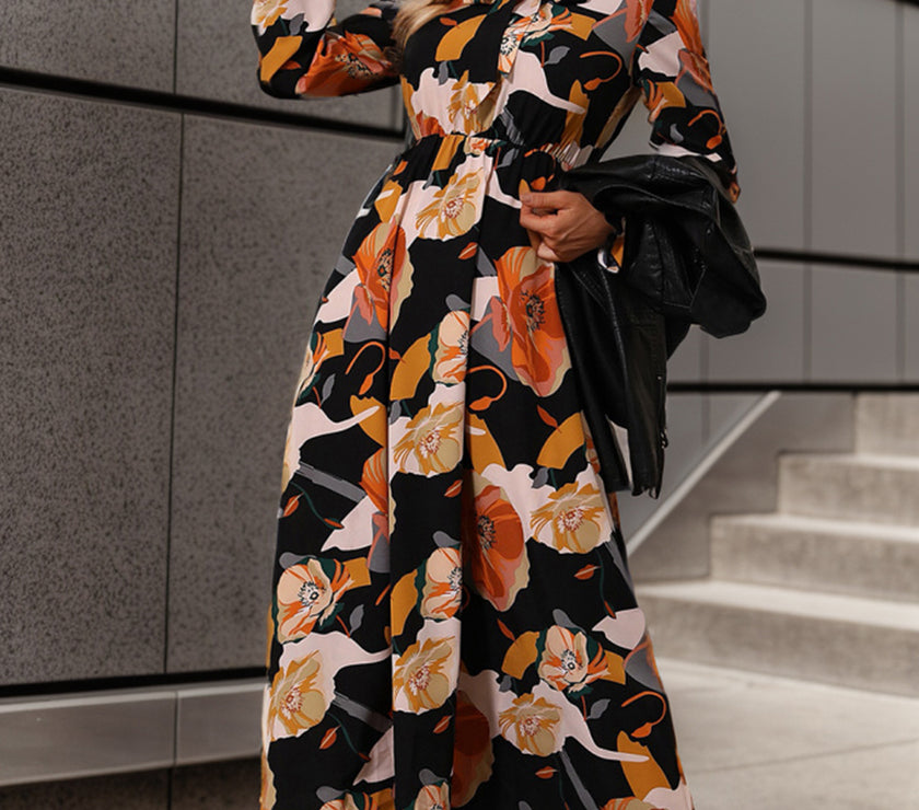 Printed Tie Neck Flounce Sleeve Dress