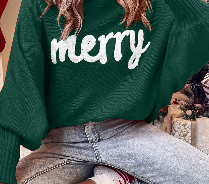 Double Take Full Size Merry Christmas Turtleneck Long Sleeve Sweater