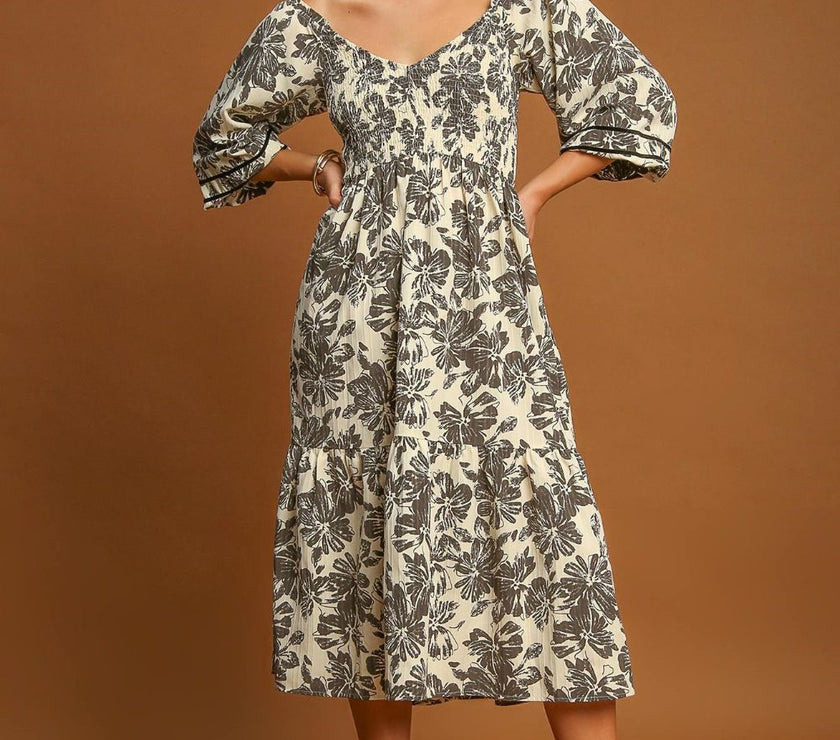 Umgee Ruffle Hem Flower Printed V-Neck Dress