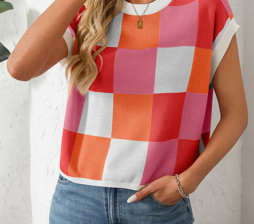 Mandy Checkered Round Neck Cap Sleeve Knit Top