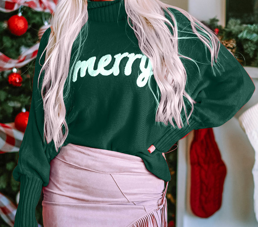 Double Take Full Size Merry Christmas Turtleneck Long Sleeve Sweater