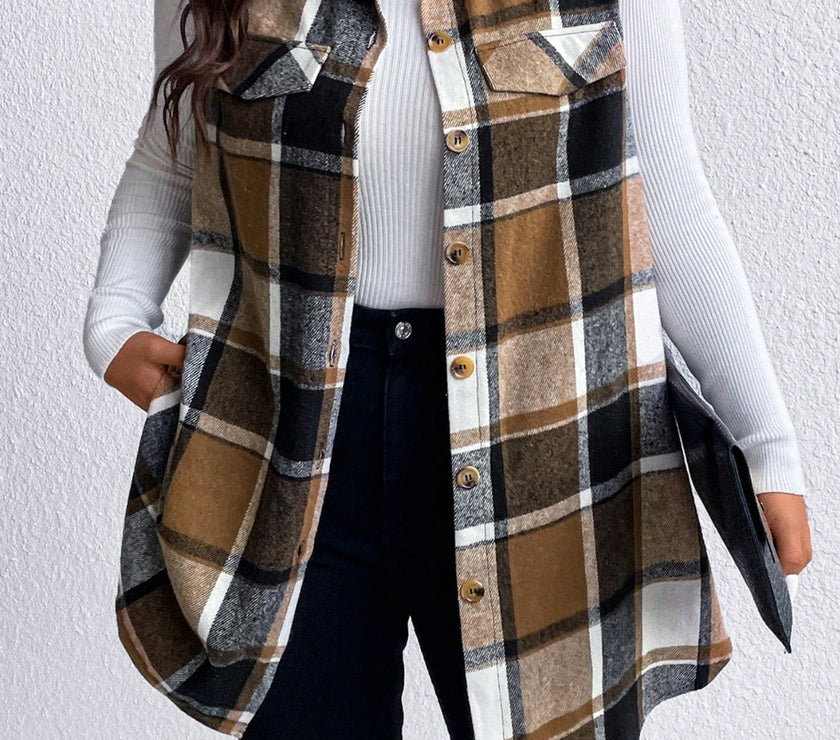 Honey Plus Size Pocketed Plaid Button Up Vest Coat