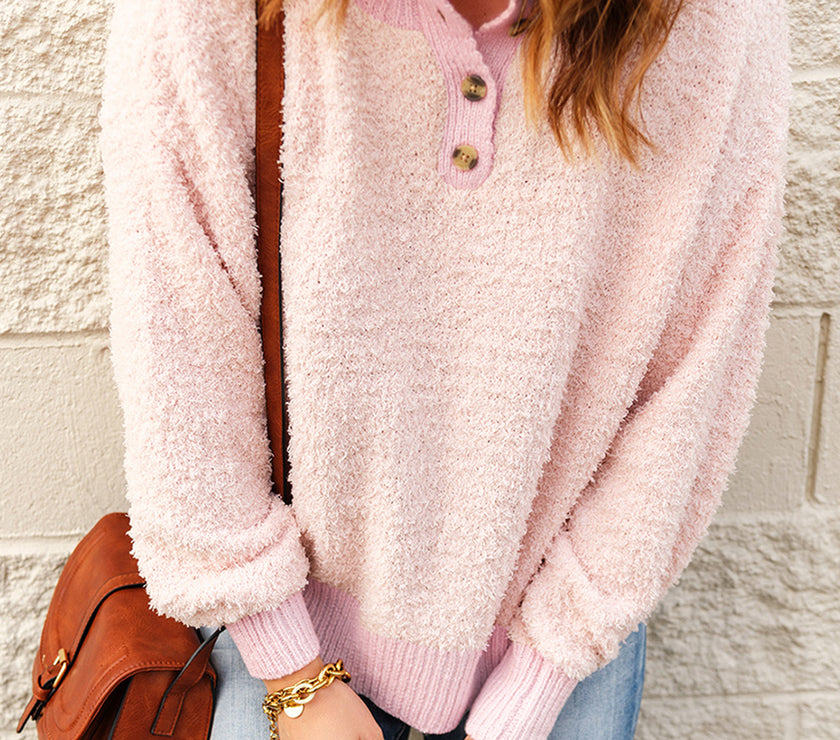 Button Detail Mock Neck Long Sleeve Sweater