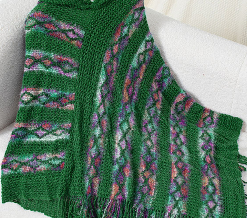 Fringe Contrast Hooded Poncho