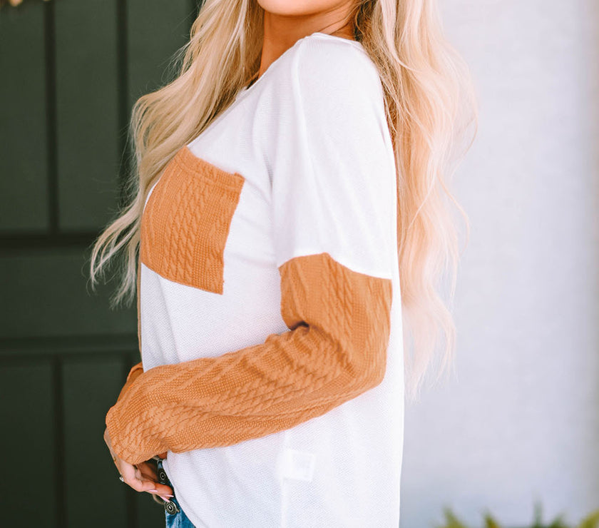 Full Size Color Block Cable-Knit Tops