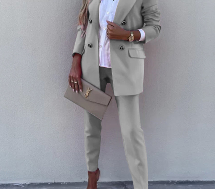 Lapel Collar Long Sleeve Blazer and Pants Set