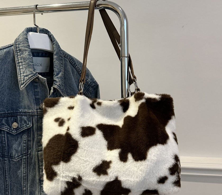 Cow Print Furry Tote Bag