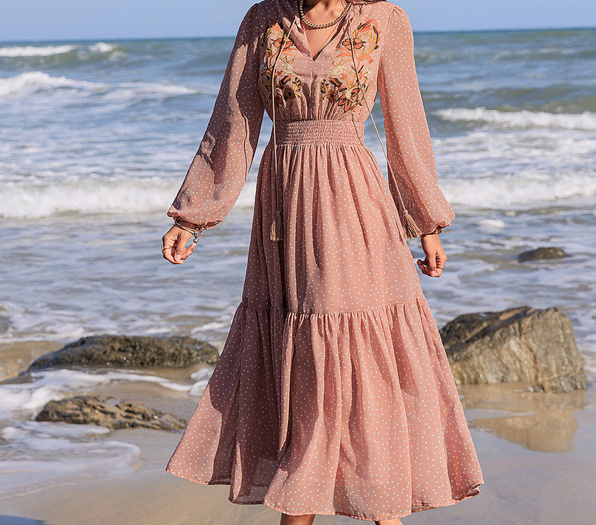 Embroidered Polka Dot Tie Neck Long Sleeve Midi Dress