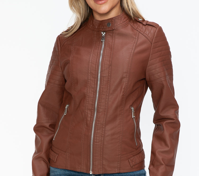 Snobbish PU Leather Biker Jacket with Side Zip Pockets