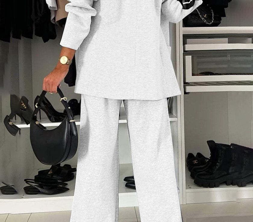 Full Size Contrast Lapel Collar Top and Pants Set