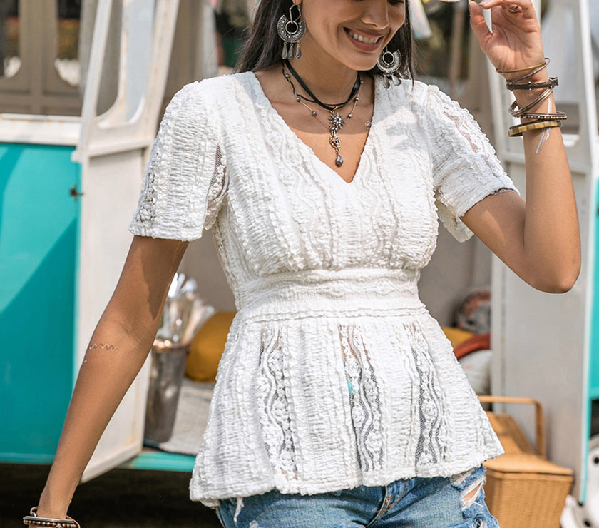 Lace V-Neck Short Sleeve Top