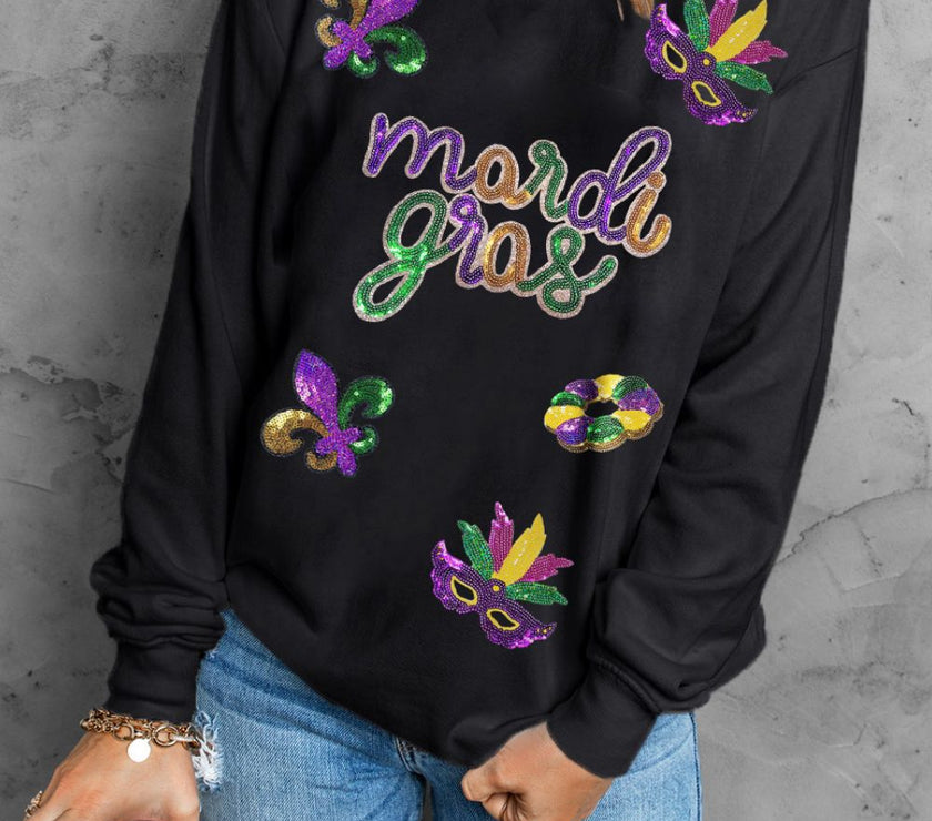 MARDI GRAS Sequin Round Neck Sweatshirt