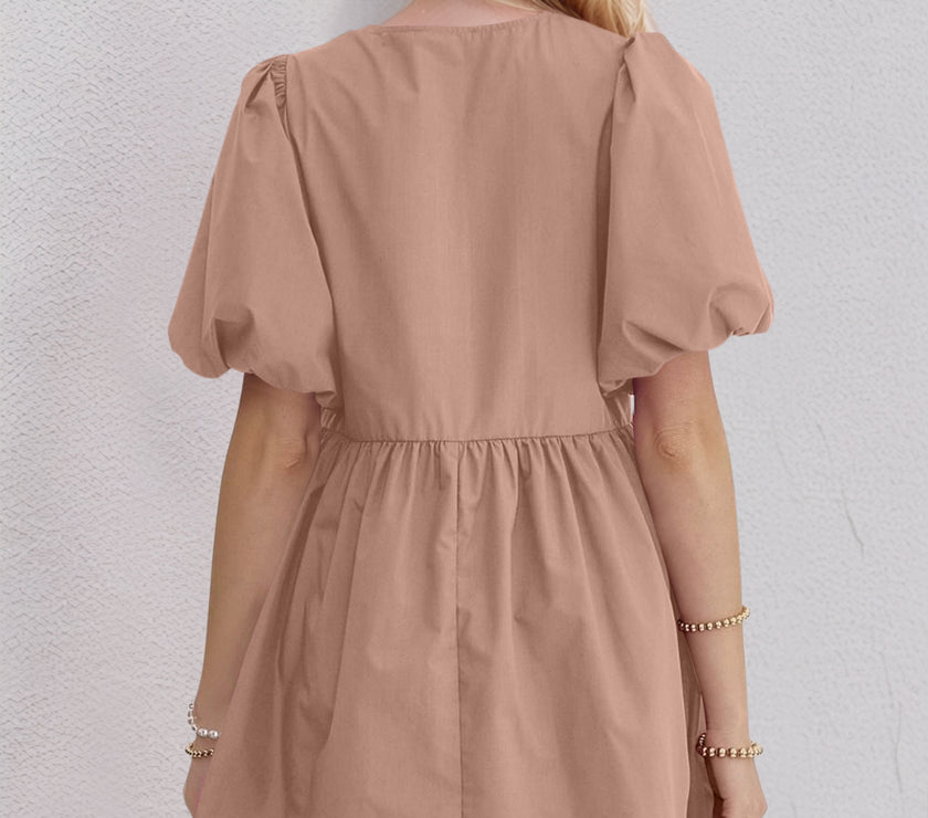 Oh Bow Ruched Puff Sleeve Mini Dress
