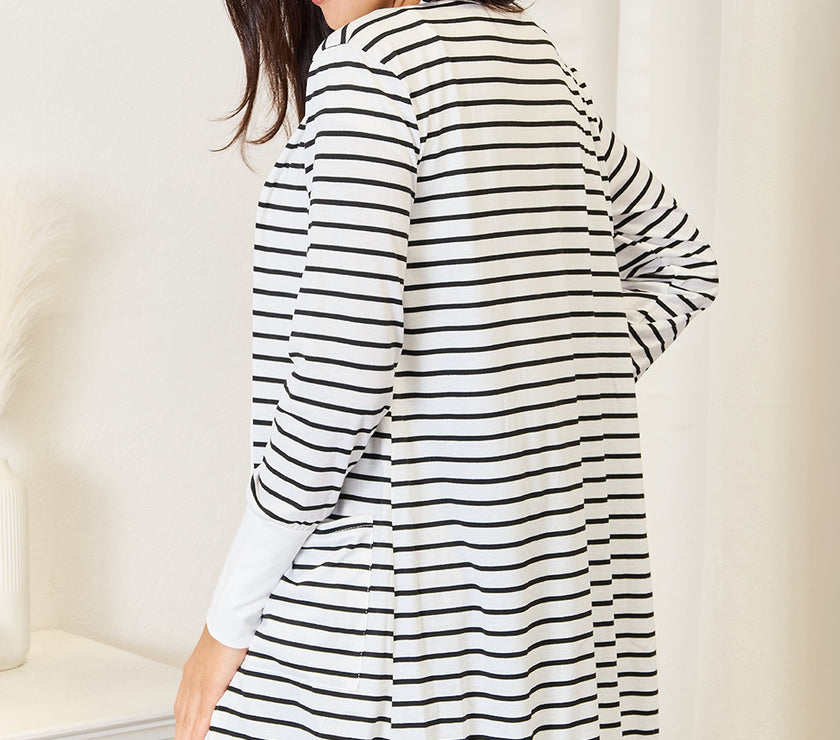 Double Take Striped Open Front Longline Cardigan