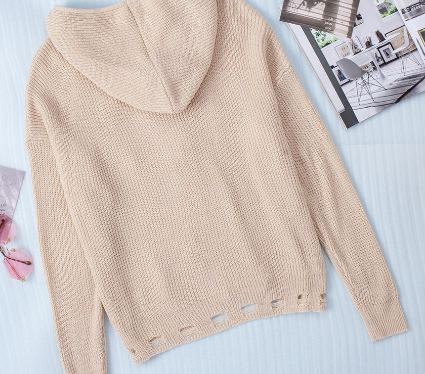 Distressed Zip Up Drawstring Hooded Cardigan