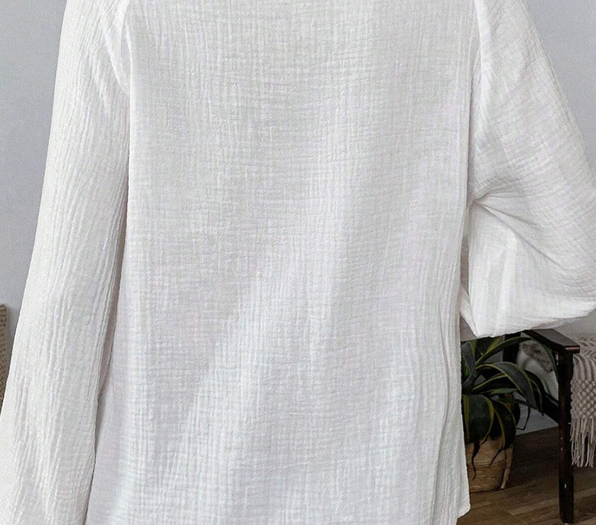 Embroidered Notched Long Sleeve Blouse