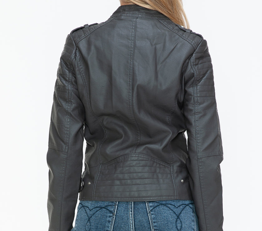 Snobbish PU Leather Biker Jacket with Side Zip Pockets