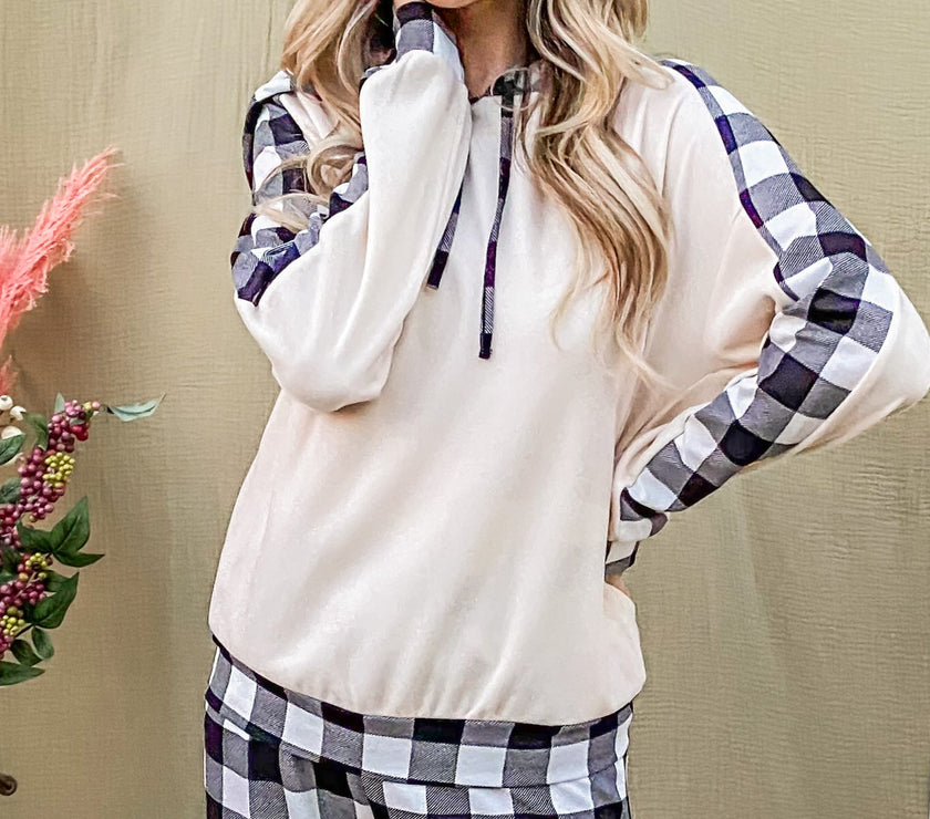 And The Why Drawstring Hooded Top and Plaid Pants Lounge Set