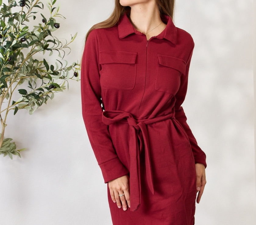 Culture Code Full Size Tie Front Half Zip Long Sleeve Shirt Dress