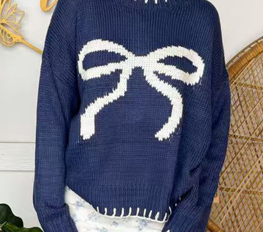 Bow Round Neck Long Sleeve Sweater