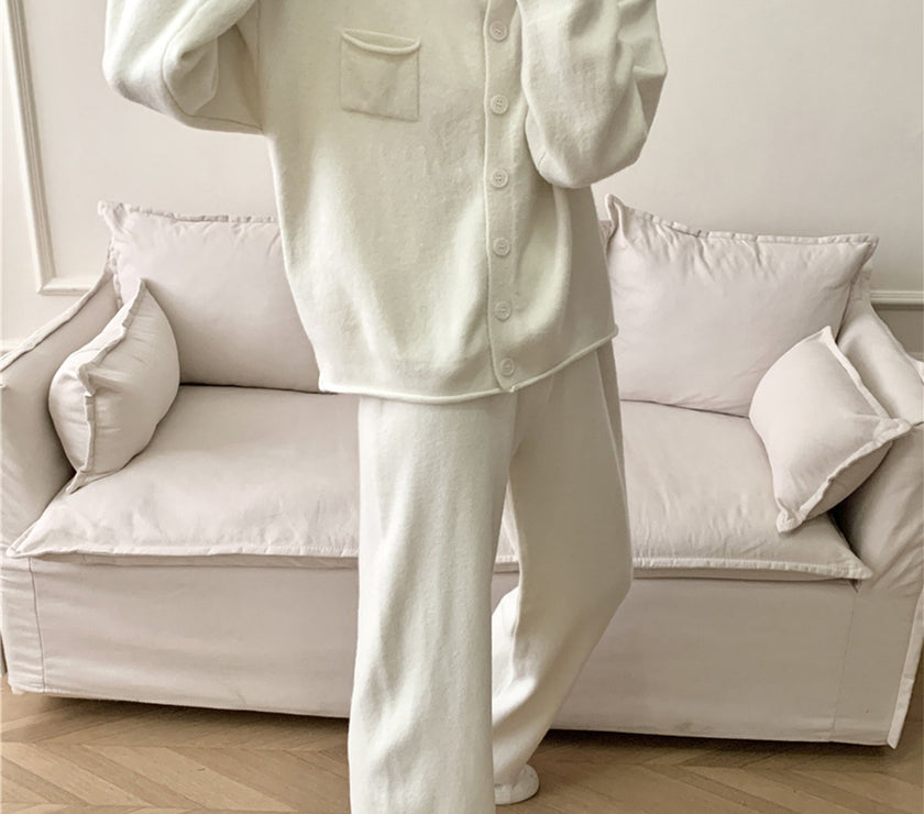 Pocketed Round Neck Button Up Cardigan and Pants Sweater Set