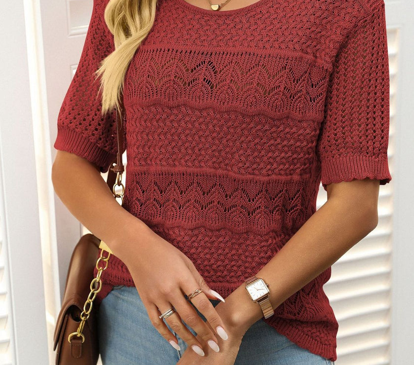 Mandy Openwork Round Neck Half Sleeve Knit Top