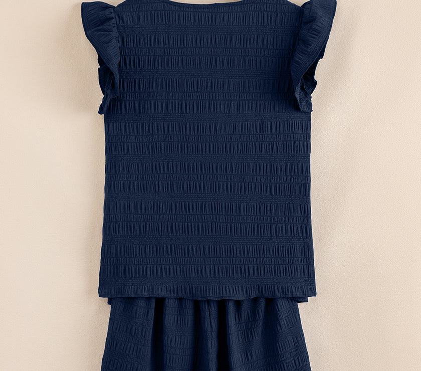 Dirty blue Textured Square Neck Top and Shirred High Waist Shorts Set