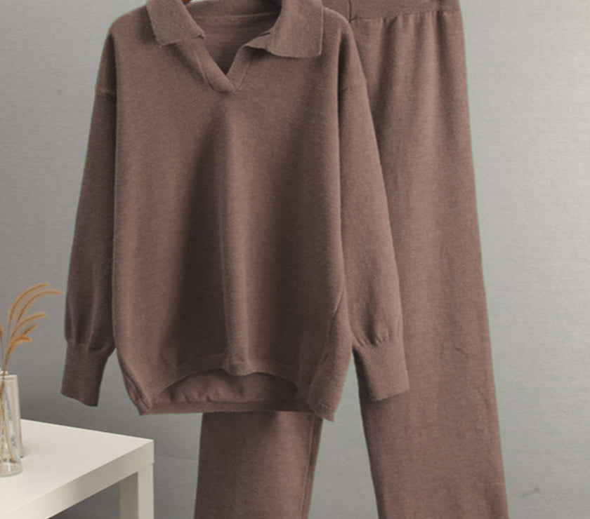 Johnny Collar Long Sleeve Top and Pants Sweater Set