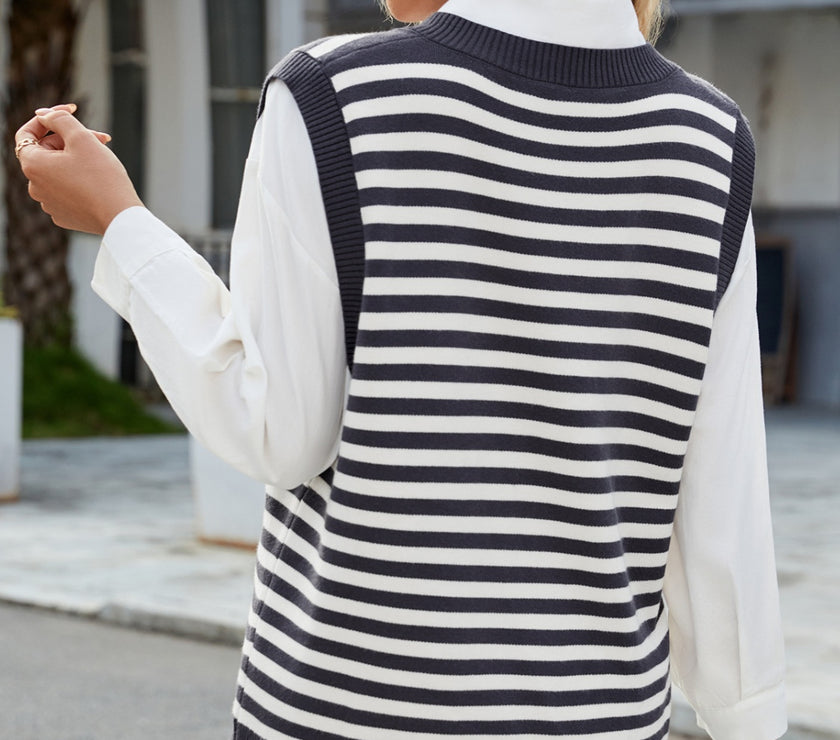 Slit V-Neck Striped Sweater Vest