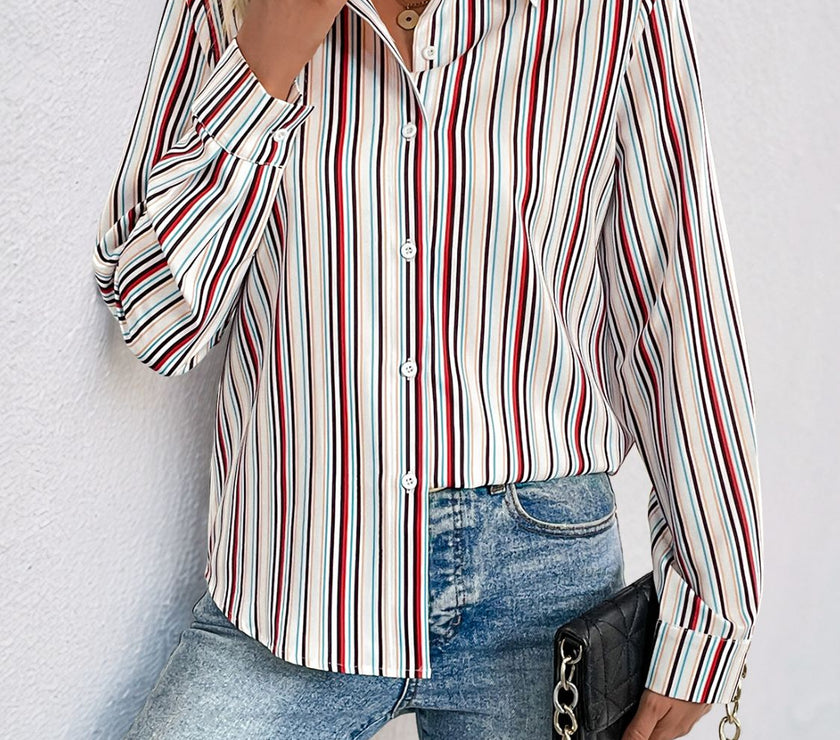Perfee Contrast Striped Collared Neck Long Sleeve Shirt