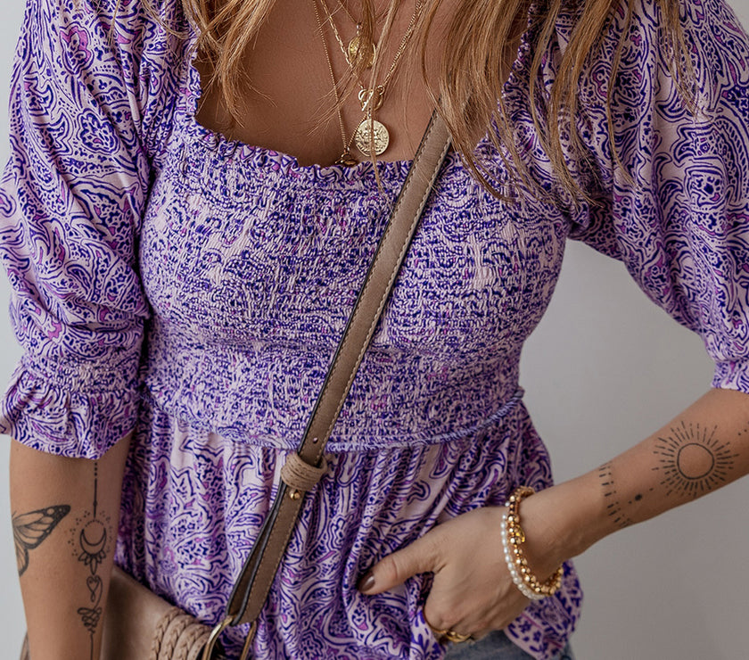 Purple Boho Paisley Print Half Sleeve Shirred Peplum Blouse
