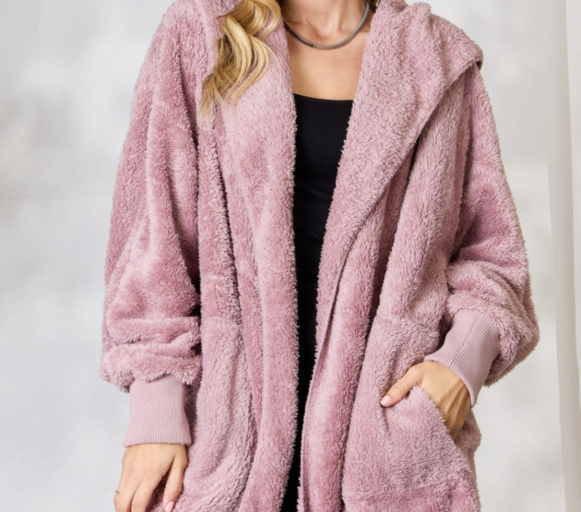 H&T Faux Fur Open Front Hooded Jacket