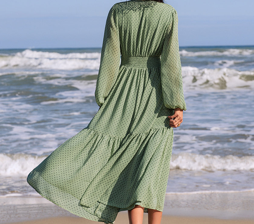 Embroidered Polka Dot Tie Neck Long Sleeve Midi Dress