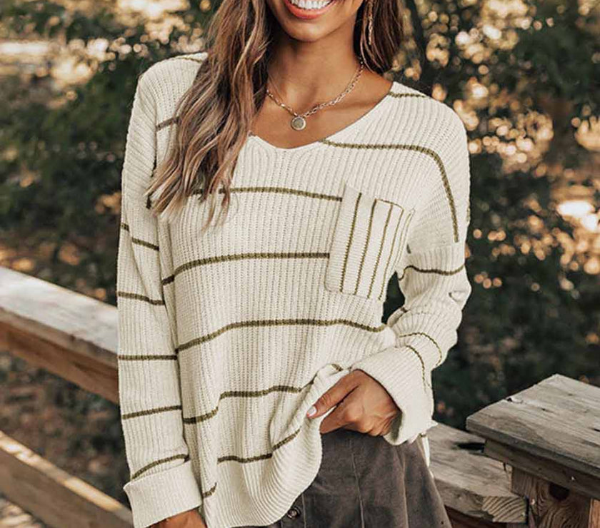 Striped V-Neck Drop Shoulder Sweater
