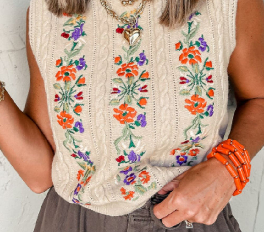 Embroidered Cable-Knit Round Neck Sweater Vest