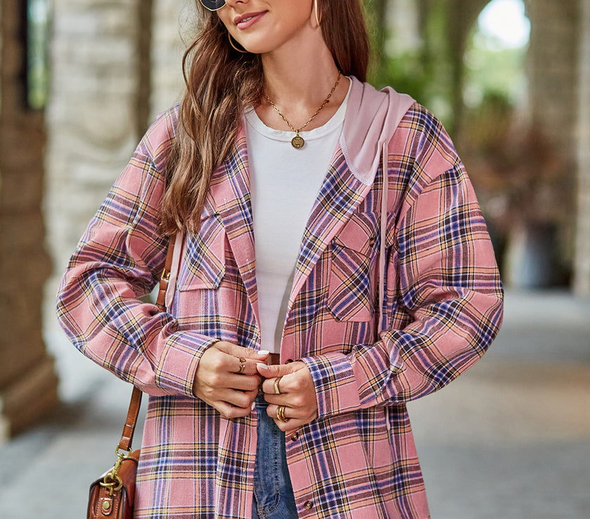 Mandy Plaid Long Sleeve Hooded Jacket